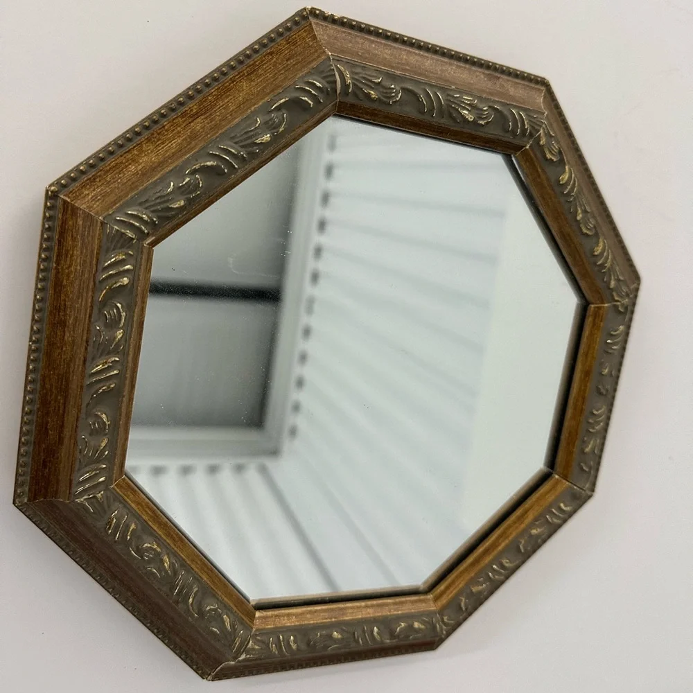 Vintage Octagon Wall Mirror in Filigree Wood Frame